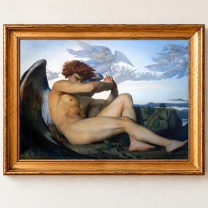 Fallen Angel by Alexandre Cabanel, 1847, as a framed print in an antique gold frame on a cream wall. Lucifer sits on a rock with dark wings folded behind him, his arms crossed over his face and a single tear in his furious eye, as angels drift through the blue sky above.