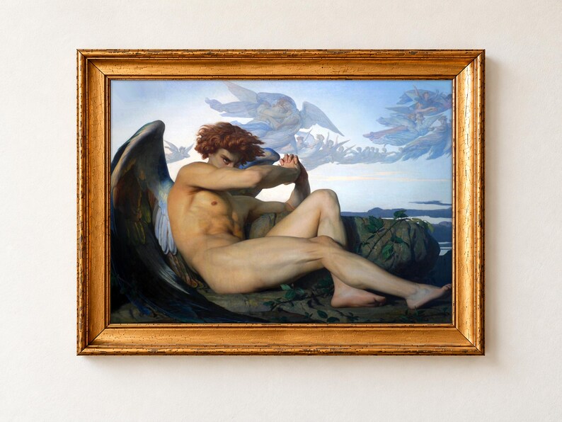 Fallen Angel by Alexandre Cabanel, 1847, as a framed print in an antique gold frame on a cream wall. Lucifer sits on a rock with dark wings folded behind him, his arms crossed over his face and a single tear in his furious eye, as angels drift through the blue sky above.