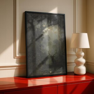 Moonlit Forest Stag Art Print, Misty Woodland Poster, Dark Academia Wall Art, Vintage Landscape
