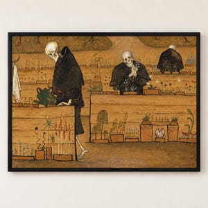 Garden of Death by Hugo Simberg poster, three robed skeletons tending potted flowers