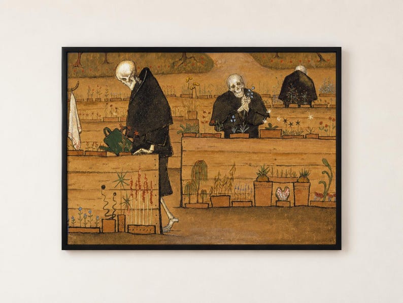 Garden of Death by Hugo Simberg poster, three robed skeletons tending potted flowers