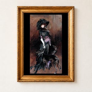 Marchesa Luisa Casati with a Greyhound by Giovanni Boldini, 1908. A pale woman in a wide black plumed hat and black dress with a spray of violets stands beside a black greyhound against a brown background, on a black border.