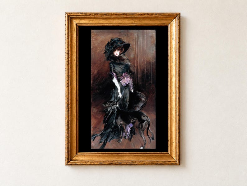 Marchesa Luisa Casati with a Greyhound by Giovanni Boldini, 1908. A pale woman in a wide black plumed hat and black dress with a spray of violets stands beside a black greyhound against a brown background, on a black border.