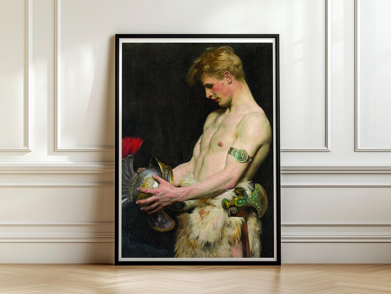 Germanic Warrior with Helmet Print, Osmar Schindler 1902 Male Figure Wall Art, Roman Helmet Poster
