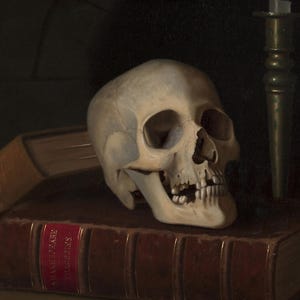 May include: A human skull resting on a brown leather-bound book titled Shakespeare Tragedies, positioned next to a brass candlestick in a dark setting. The skull is off-white with visible teeth and deep eye sockets, illuminated by a soft light.