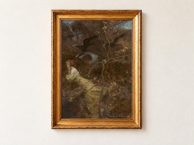 The Haunted Wood by Arthur Rackham, 1913. A copper-haired woman in a pale gown crouches among twisting autumn branches while two large birds fly through the trees above her.