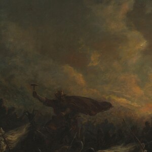 Close-up of Odin's figure amidst a stormy sky