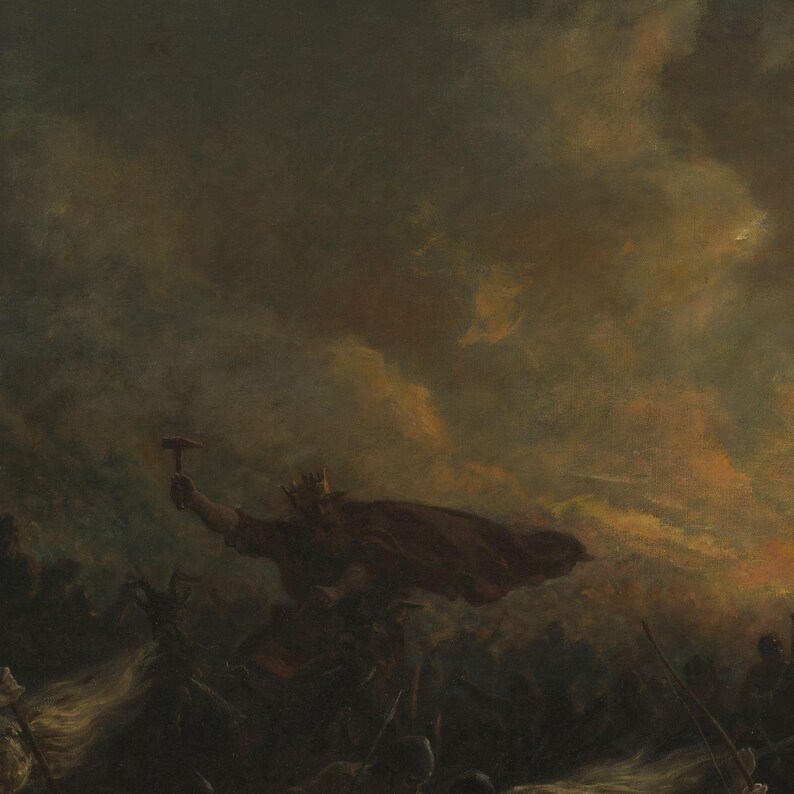 Close-up of Odin's figure amidst a stormy sky
