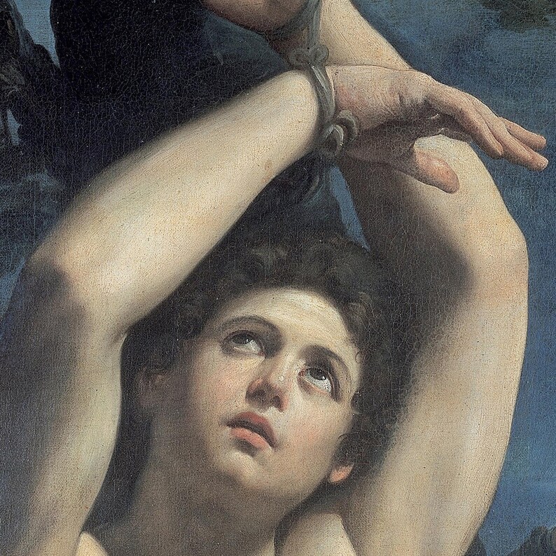 Close-up detail of Saint Sebastian by Guido Reni, about 1615. The saint's face turns up to heaven, his crossed wrists bound with rope above his head, against a deep blue sky and dark leaves.