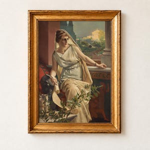 Hypatia by Julius Kronberg, 1889. A woman in an ivory gown and veil sits on a terrace with a scroll across her knees and a leafy branch beside her, looking over her shoulder, with a temple and green gardens behind.