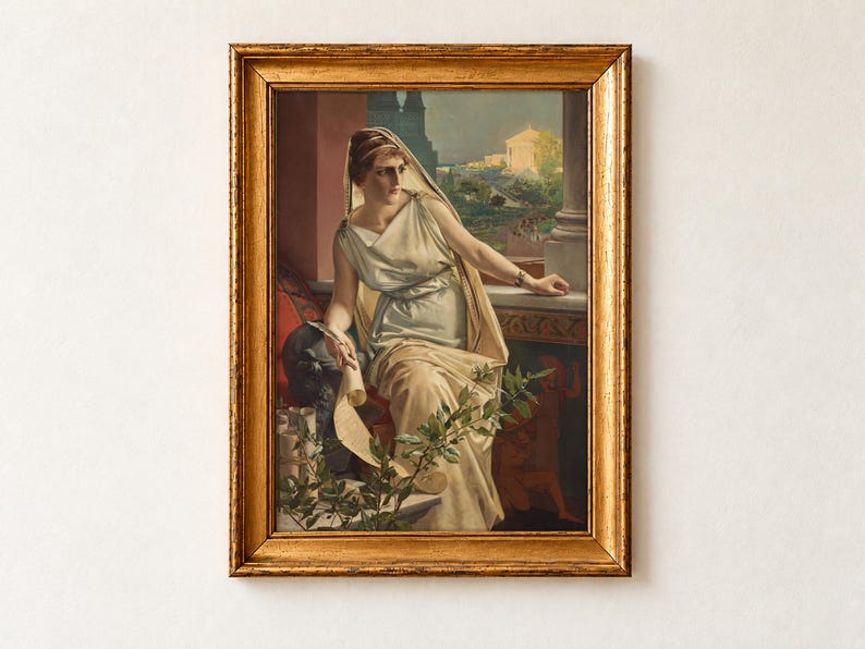 Hypatia by Julius Kronberg, 1889. A woman in an ivory gown and veil sits on a terrace with a scroll across her knees and a leafy branch beside her, looking over her shoulder, with a temple and green gardens behind.