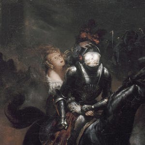 Close-up detail of The Ballad of Lenore by Horace Vernet, 1839. Lenore in a white blouse looks up in terror at the armoured rider beside her, whose helmet holds a glowing skull, with the black horse's head below.