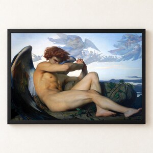 May include: A framed art print featuring a painting of a reclining figure with reddish hair and large dark wings, shielding their face with their arms. The background depicts a pale blue sky with faint, ethereal figures floating in the distance.