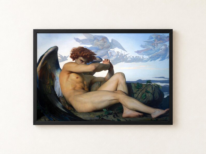 May include: A framed art print featuring a painting of a reclining figure with reddish hair and large dark wings, shielding their face with their arms. The background depicts a pale blue sky with faint, ethereal figures floating in the distance.