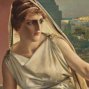Close-up of Hypatia by Julius Kronberg: her face framed by the veil as she turns her head.