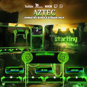 May include: An animated Aztec-themed stream pack with a dark green and black color scheme. The pack includes overlays for "new follower," "about me," "tik tok," and "patreon." The word "starting" is displayed in green. The pack is designed for YouTube, Streamlabs, Kick, and Twitch.