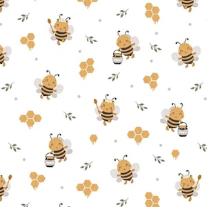 Cute Bees And Honey Pots Floral Pattern print fabric | Half-Yard sale | 57-inch width | Soft and comfortable