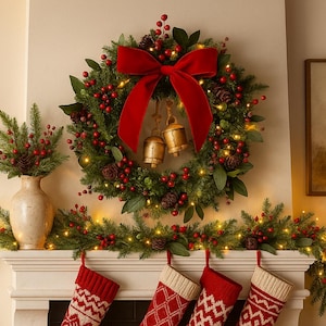 May include: A festive Christmas mantelpiece featuring a wreath with a red velvet bow, berries, and pinecones. Gold bells hang below the bow. A garland with lights and stockings with red and white patterns complete the holiday decor.