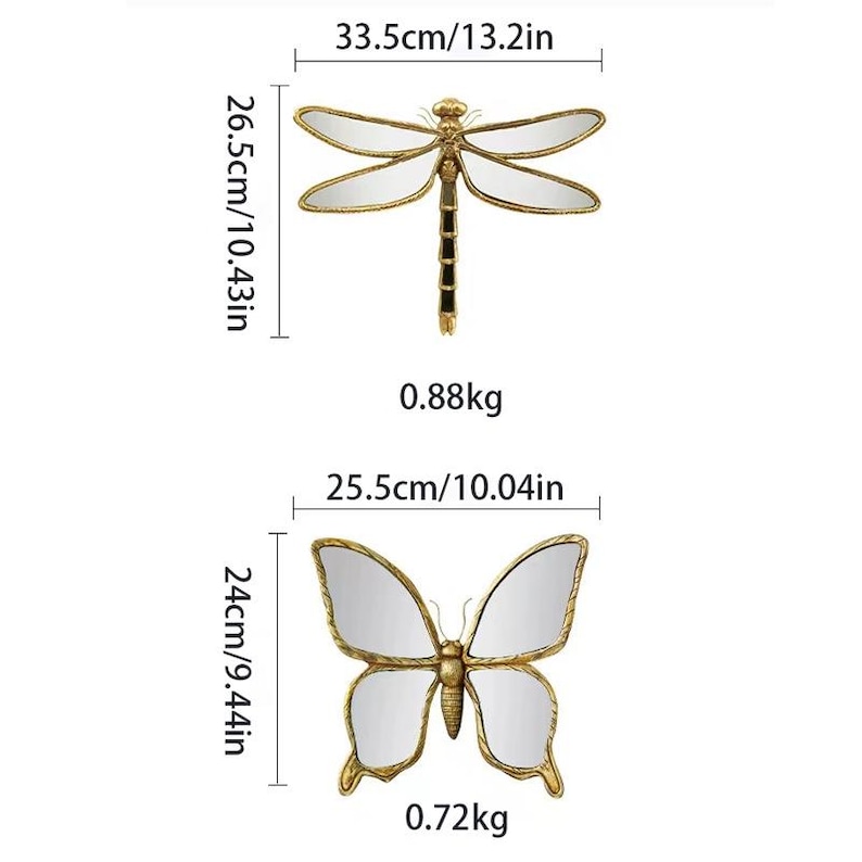 May include: Two decorative wall mirrors, one dragonfly and one butterfly. The dragonfly mirror is 13.2 inches wide and 10.43 inches tall. The butterfly mirror is 10.04 inches wide and 9.44 inches tall. Both mirrors have gold frames and reflective surfaces.