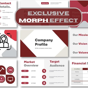 May include: A presentation template with a red and white color scheme. The slides include sections for contact details, company overview, and financial snapshots. The title "EXCLUSIVE MORPH EFFECT" is prominently displayed.