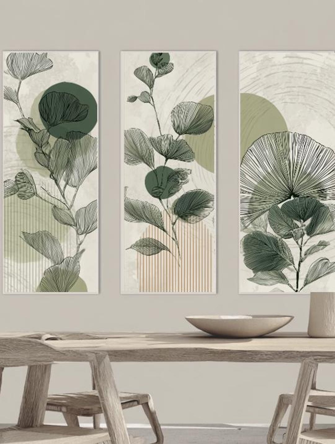 Botanical Wall Art Set of 3: Minimalist Green Leaf Prints (digital ...