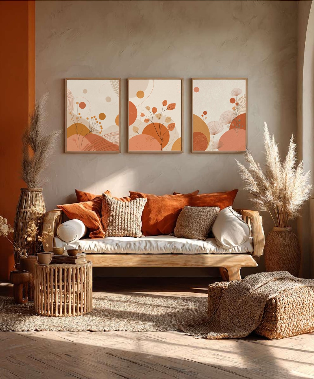 Boho Wall Art Set of 3 – Minimalist Abstract Botanical Prints – Beige ...