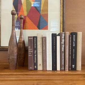 Peut inclure: Deux massues d'exercice en bois et une collection de livres avec des titres variés, dont "The Wedding" et "Night Life", sont exposées sur une surface en bois. Une œuvre encadrée avec un motif géométrique coloré est en arrière-plan.