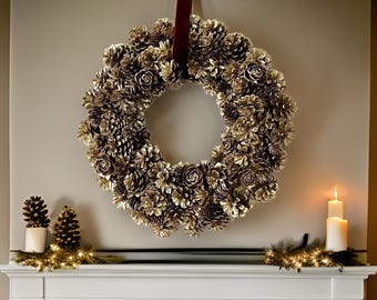 Handmade Antique Gold Pine Cone Christmas Wreath: Rustic New England Decor, Limited Quantities.