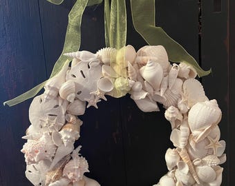 Large Seashell Wreath: White Coastal Decor, 14-15” Nautical Beach House Decoration,