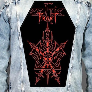 Celtic Frost – naszywka z nadrukiem w kształcie trumny na plecach, naszywka z motywem heavy metalu i horroru, duża naszywka z logo kurtki z nadrukiem sublimacyjnym, 26 x 40 cm