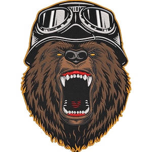 May include: Embroidered patch of a roaring bear wearing a black motorcycle helmet with goggles. The bear has brown fur, yellow eyes, and a red mouth with sharp teeth. The patch has a yellow border.
