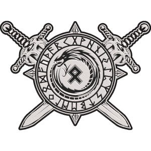 Puede incluir: Un parche bordado en blanco y negro con dos espadas cruzadas detrás de un escudo circular. El escudo muestra un dragón mordiéndose la cola alrededor de una runa Othala central, con caracteres rúnicos en el borde exterior.
