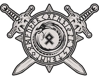 Jormungandr Rune Viking Patch – Norse Runic Circle with Crossed Viking Swords Embroidered Patch 30x21cm-12x9"