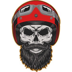 May include: Embroidered patch featuring a skull wearing a red motorcycle helmet with silver goggles. The skull has a long, dark mustache and beard. The patch has a black border and a yellow outline.