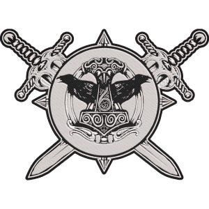 May include: A black and white embroidered patch featuring a central circular emblem with two ravens perched atop a Mjolnir hammer. The emblem is framed by a compass-like border and is positioned over two crossed swords with detailed hilts.
