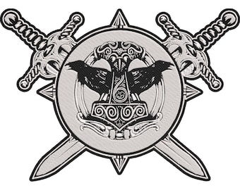 Viking Raven Mjolnir Patch – Thor’s Hammer with Odin Ravens Norse Mythology Embroidered Back Patch 30x21cm-12x9"