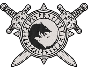 Viking Wolf Fenrir Rune Circle with Crossed Swords Embroidered Patch – Norse Mythology Wolf Symbol 30x21cm-12x9"
