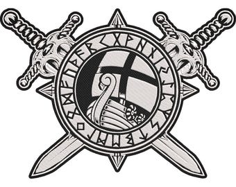 Viking Longship Rune Patch – Norse Runic Circle Viking Ship Embroidered Back Patch with Viking Swords 30x21cm-12x9"