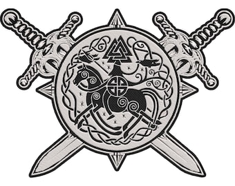 Viking Symbols Patch – Valknut and Mjolnir Norse Mythology Embroidered Back Patch with Viking Swords 30x21cm-12x9"