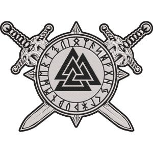 Puede incluir: Un parche bordado que presenta un escudo circular central con un símbolo Valknut negro rodeado por un anillo de caracteres rúnicos. Dos espadas cruzadas con empuñaduras detalladas se sitúan detrás del escudo, todo en blanco y negro.
