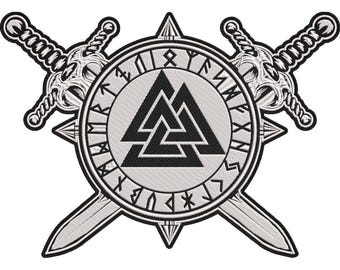 Viking Valknut Rune Circle with Crossed Swords Embroidered Patch – Norse Odin Symbol 30x21cm-12x9"