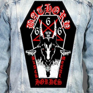 May include: A light blue denim jacket featuring a large, coffin-shaped black patch on the back. The patch displays a white goat head graphic, a red pentagram with the number 666, and the red text Bathory Black Metal Hordes in gothic font.