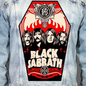 May include: A light blue denim jacket featuring a large, coffin-shaped back patch. The patch displays a red and cream graphic of the band Black Sabbath, including four long-haired figures, a circular emblem, flames, and the text Black Sabbath.