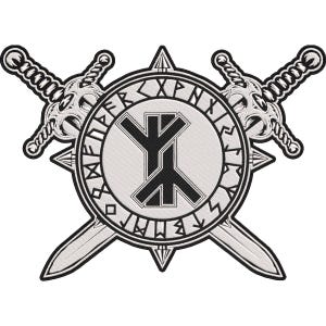 May include: A black and white embroidered patch featuring two crossed swords behind a circular shield. The shield displays a central Algiz rune surrounded by a border of various runic characters. The design uses high-contrast black and white thread.