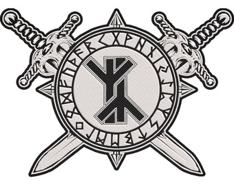 Algiz Rune Viking Patch – Norse Runic Circle with Crossed Viking Swords Embroidered Back Patch 30x21cm-12x9"