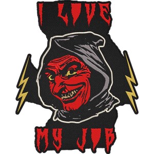 May include: Embroidered patch featuring a red devil-like figure in a black hood, with the text "I LOVE MY JOB" in red. The design includes yellow lightning bolts on either side, all on a black background.