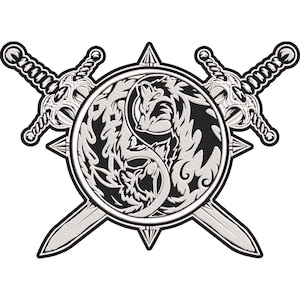 Op de afbeelding: Een zwart-witte geborduurde patch met een cirkelvormig ontwerp met twee gestileerde wolven die een yin-yangvorm vormen. Twee gekruiste zwaarden zijn achter de cirkel geplaatst, met de gevesten aan de bovenkant en de punten naar beneden.