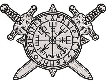 Viking Vegvisir Rune Circle with Crossed Swords Embroidered Patch – Nordic Compass Symbol 30x21cm-12x9"