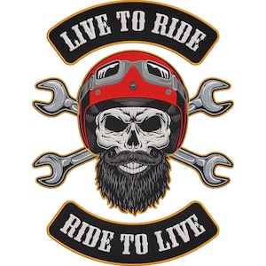 May include: Embroidered patch with a skull wearing a red motorcycle helmet and goggles, and a long, black beard. Two silver spanners cross behind the skull. The patch includes the text "LIVE TO RIDE" and "RIDE TO LIVE" in white.