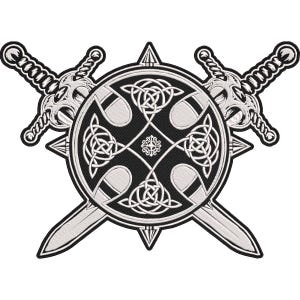 Vikinga Mjölner cirkelmärke – Tors hammare knutmönster nordisk symbol broderad ryggmärke med vikingasvärd 30 x 21 cm-12x9"